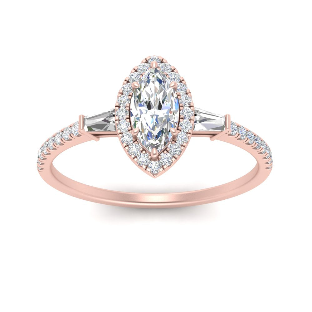 IGI Certified Halo Accented Baguette Lab Grown Diamond Women Engagement Ring In 14K Rose Gold | Cuts & Carat