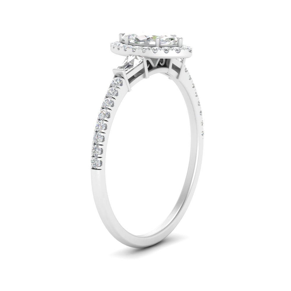 IGI Certified Halo Accented Baguette Lab Grown Diamond Women Engagement Ring In 14K White Gold | Cuts & Carat