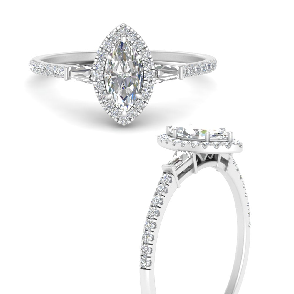 IGI Certified Halo Accented Baguette Lab Grown Diamond Women Engagement Ring In 14K White Gold | Cuts & Carat