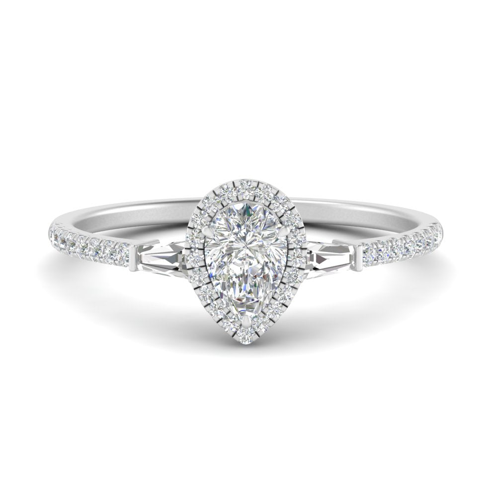 IGI Certified Halo Accented Baguette Lab Grown Diamond Women Engagement Ring In 14K White Gold | Cuts & Carat