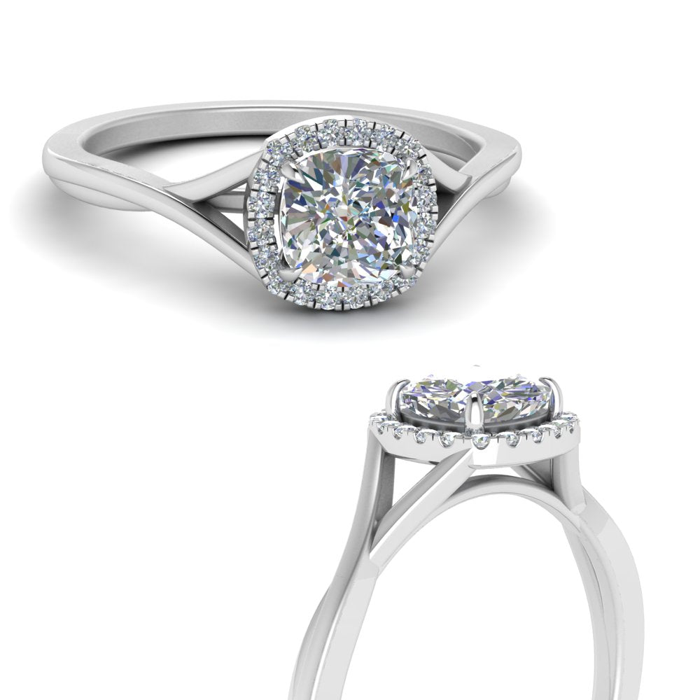 Lab Grown Cushion Cut Diamond Halo Twisted Engagement Rings 14K White Gold