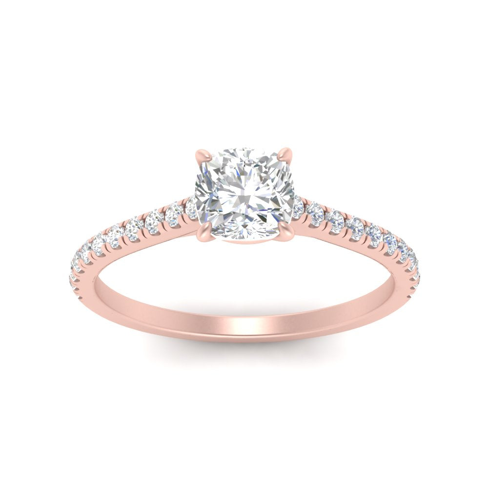 Cushion Cut Lab diamond Side Stone Engagement Rings 14K Rose Gold