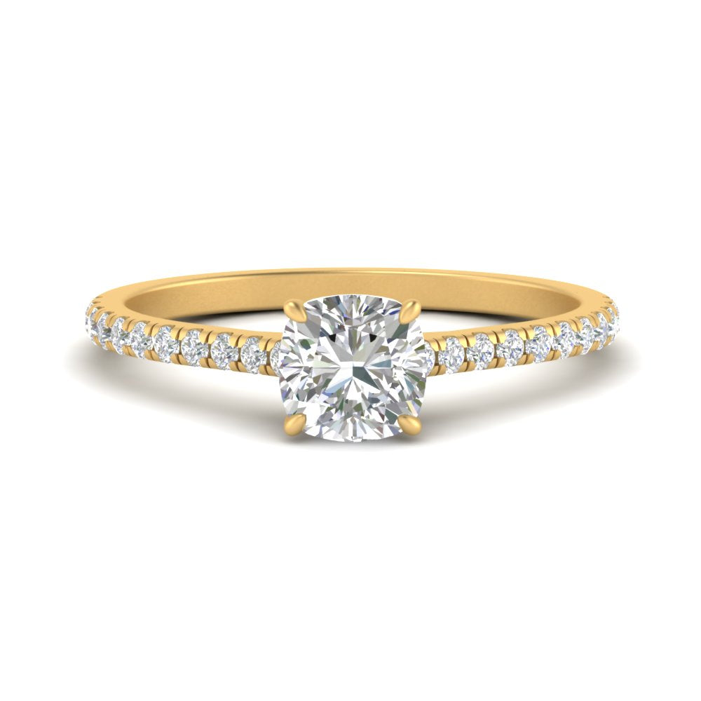 Cushion Cut Lab diamond Side Stone Engagement Rings 14K Yellow Gold