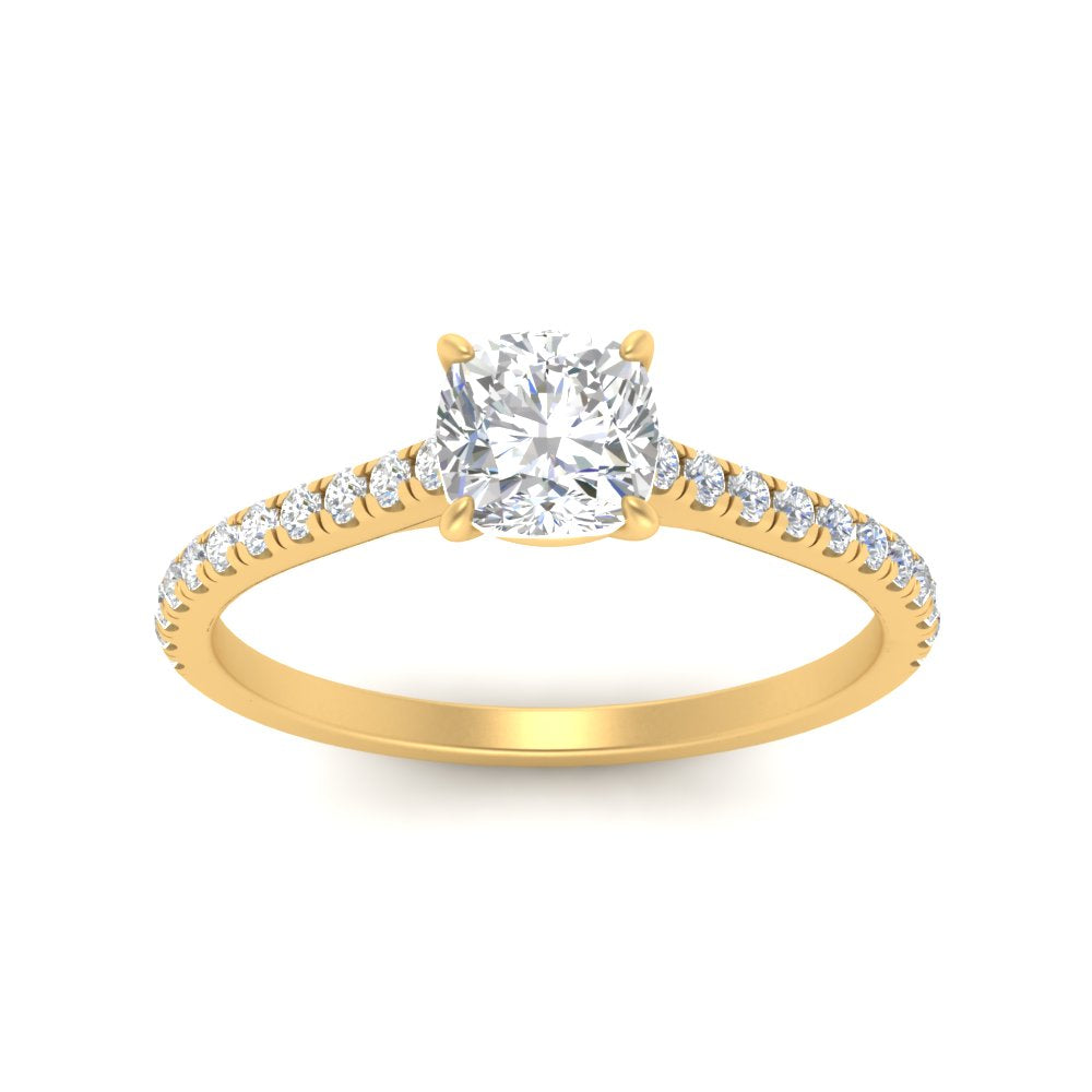 Cushion Cut Lab diamond Side Stone Engagement Rings 14K Yellow Gold