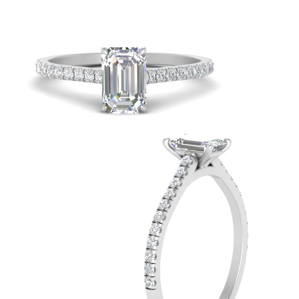 Emerald Cut Lab diamond Side Stone Engagement Rings 14K White Gold