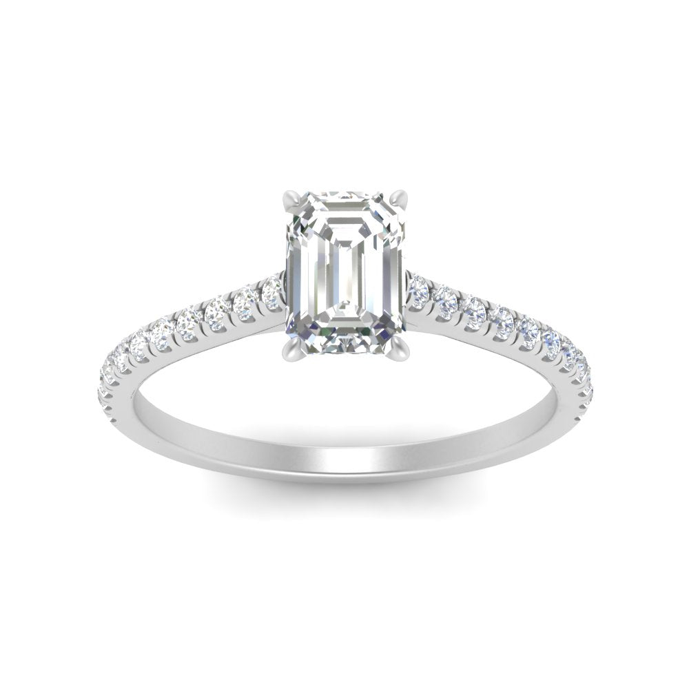 Emerald Cut Lab diamond Side Stone Engagement Rings 14K White Gold