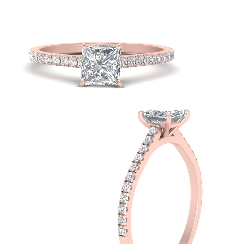 Princess Cut Lab diamond Side Stone Engagement Rings 14K Rose Gold