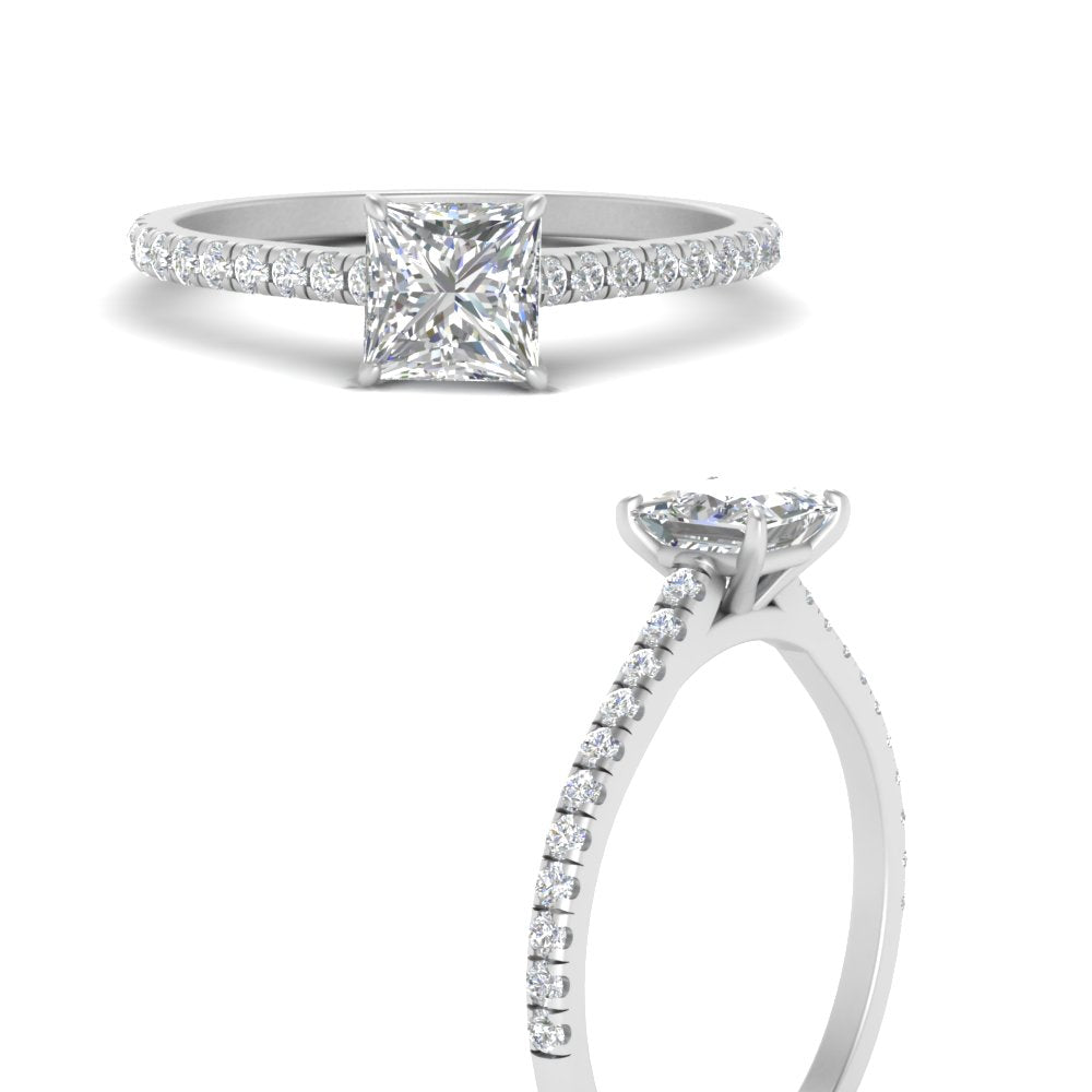Princess Cut Lab diamond Side Stone Engagement Rings 14K White Gold
