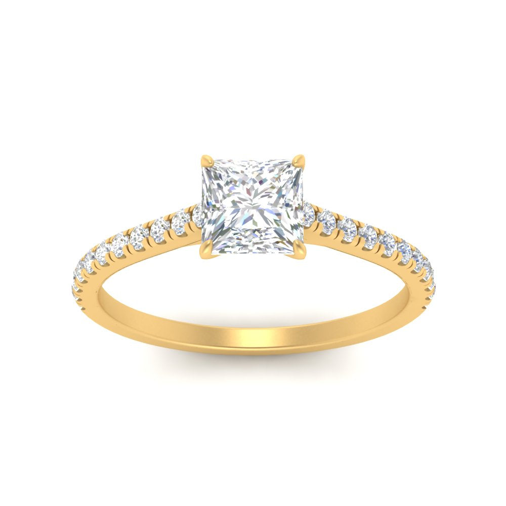 Princess Cut Lab diamond Side Stone Engagement Rings 14K Yellow Gold