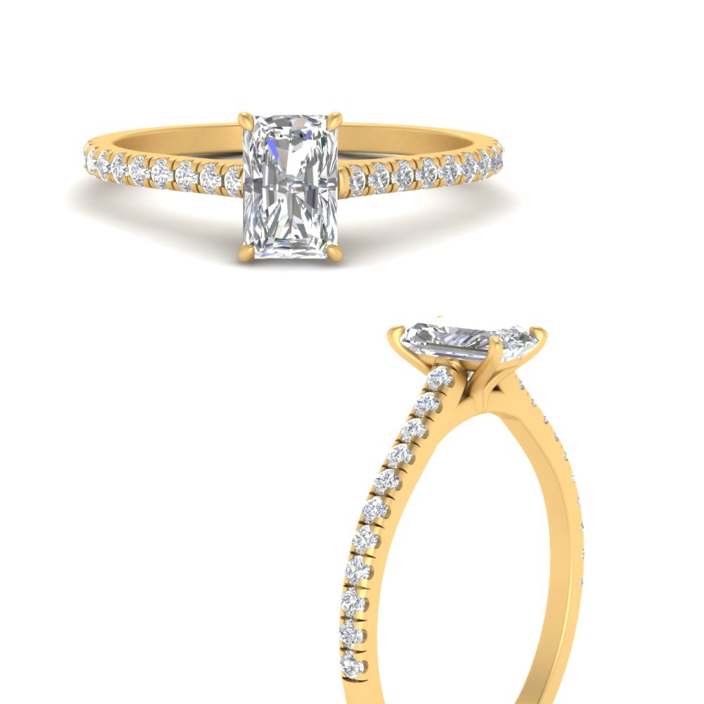 Radiant Cut Lab diamond Side Stone Engagement Rings 14K Yellow Gold