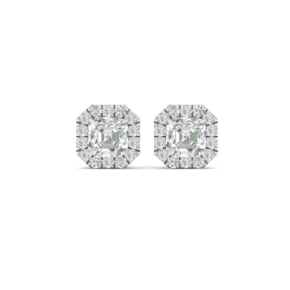 Asscher Cut Halo Stud Earring For Women In 14K White Gold | Cuts & Carat