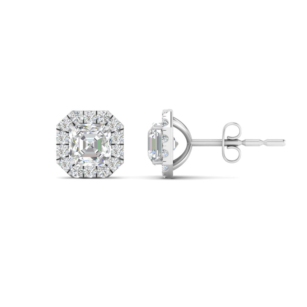 Asscher Cut Halo Stud Earring For Women In 14K White Gold | Cuts & Carat