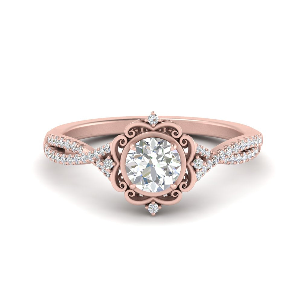 Lab Round Cut Diamond Halo Twisted Engagement Rings 14K Rose Gold