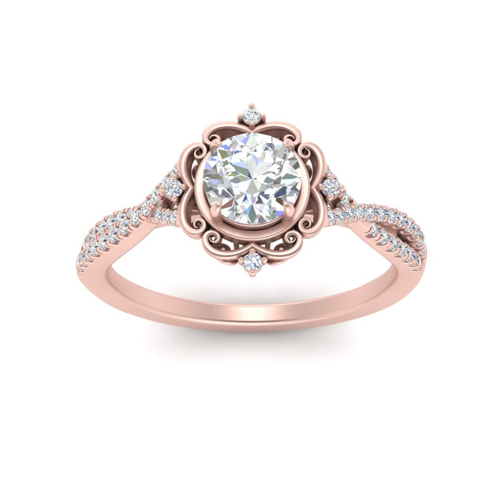 Lab Round Cut Diamond Halo Twisted Engagement Rings 14K Rose Gold
