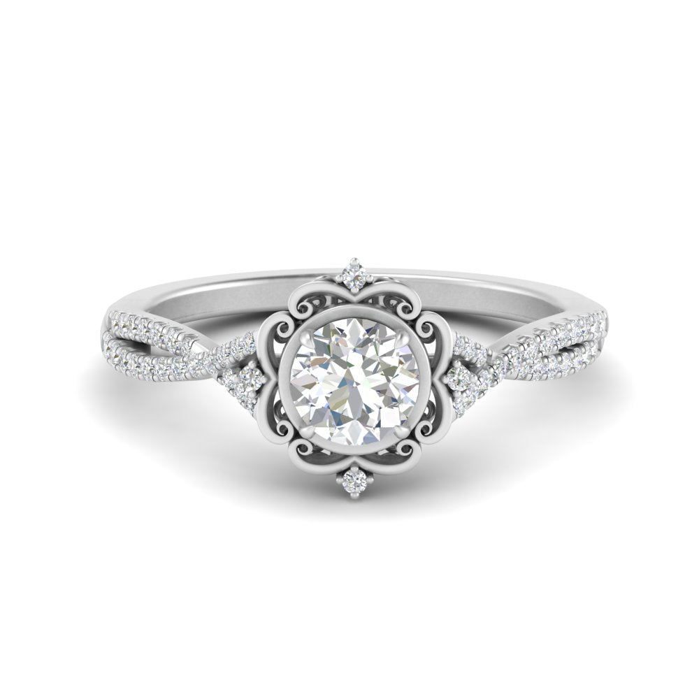 Lab Round Cut Diamond Halo Twisted Engagement Rings 14K White Gold