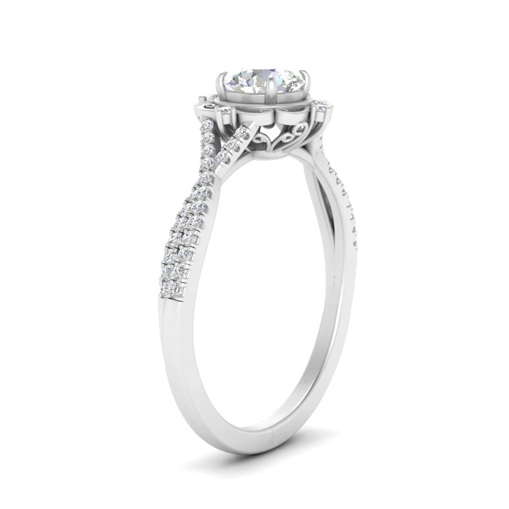 Lab Round Cut Diamond Halo Twisted Engagement Rings 14K White Gold