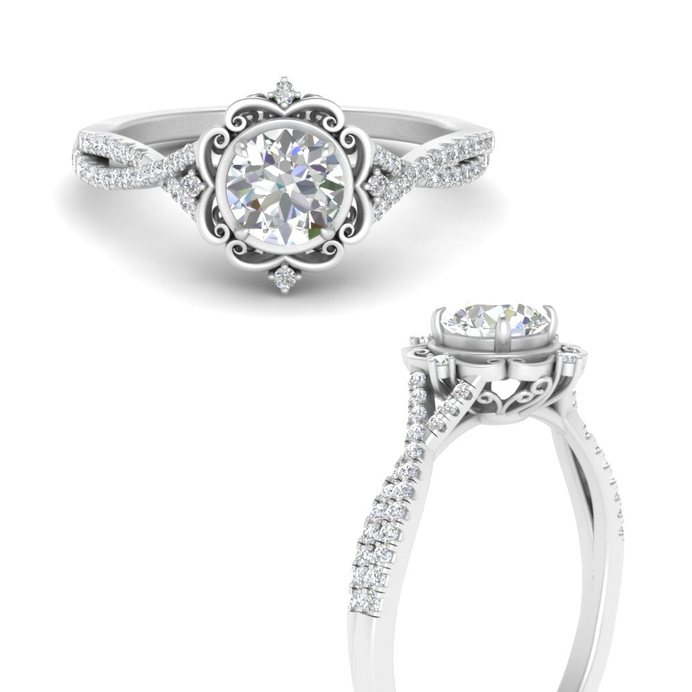 Lab Round Cut Diamond Halo Twisted Engagement Rings 14K White Gold
