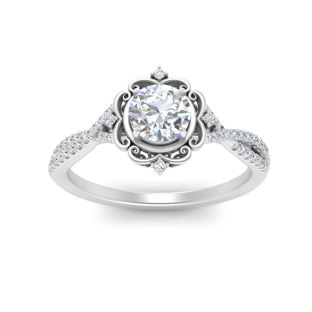 Lab Round Cut Diamond Halo Twisted Engagement Rings 14K White Gold
