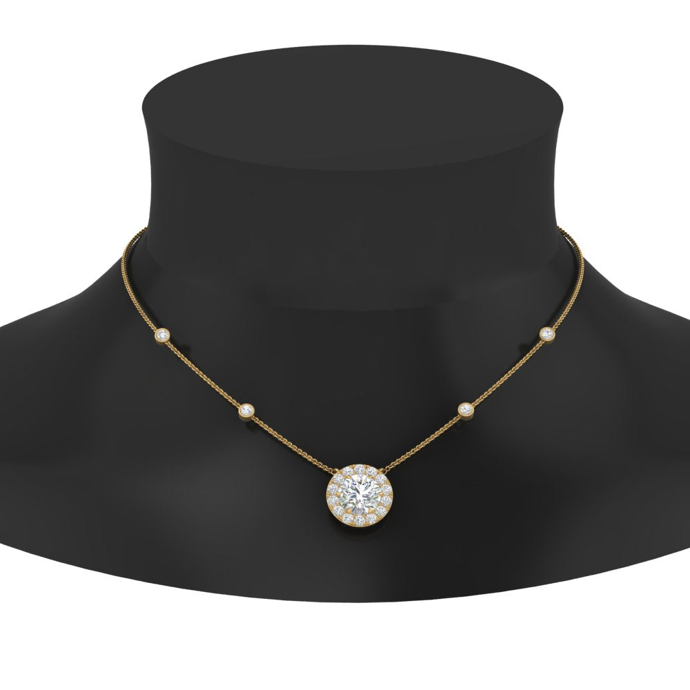 0.45 Ctw Round Cut Lab Diamond Halo With Bezel Station Pendant Necklace For Women 14K Gold