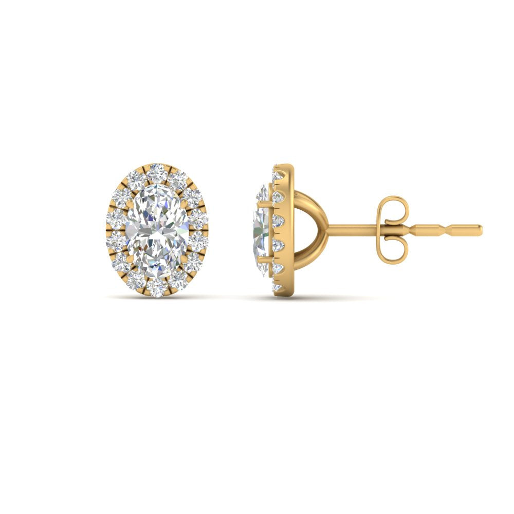 Halo Lab Diamond Oval Shape Stud Women Earring In 14K Yellow Gold | Cuts & Carat