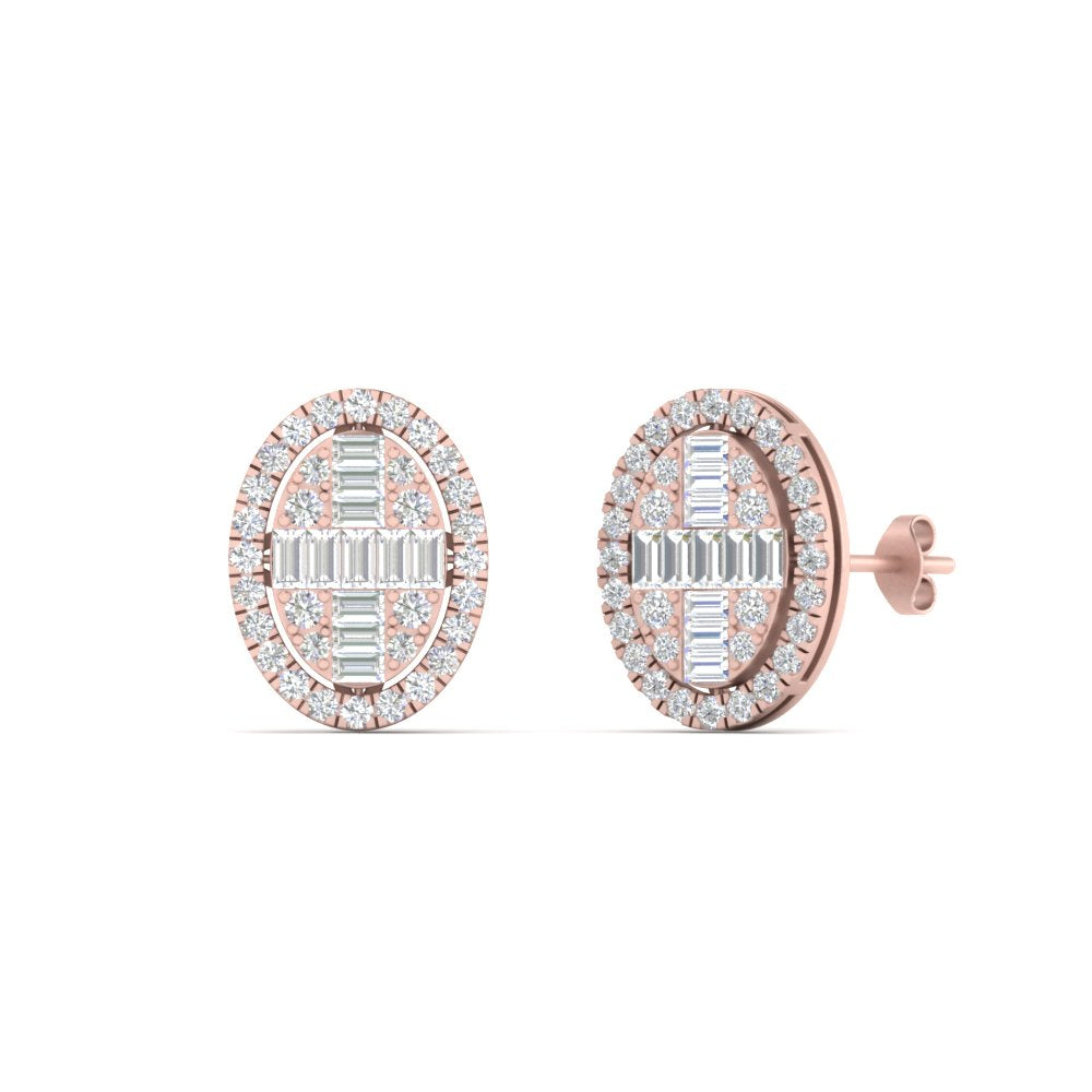 Oval Shaped Baguette Lab Diamond Stud Earrings For Women In 14K Rose Gold | Cuts & Carat