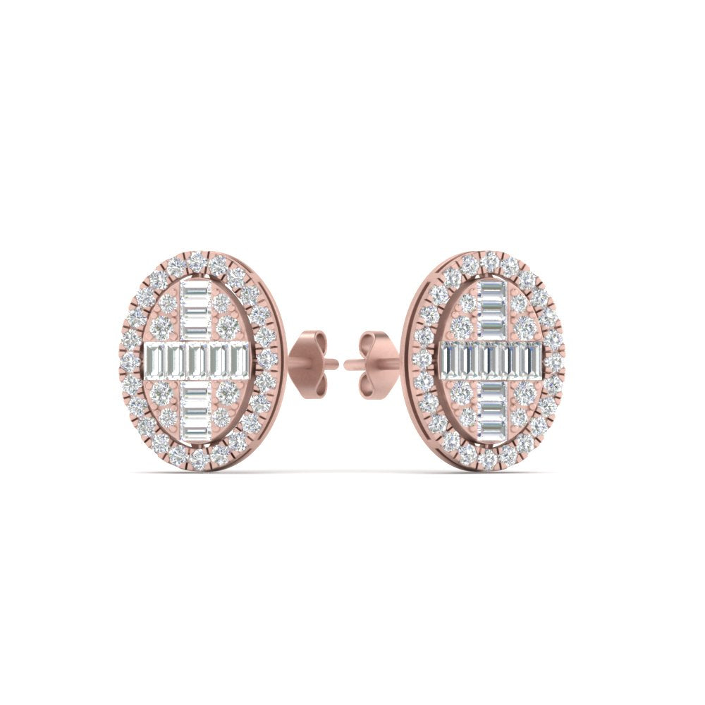 Oval Shaped Baguette Lab Diamond Stud Earrings For Women In 14K Rose Gold | Cuts & Carat