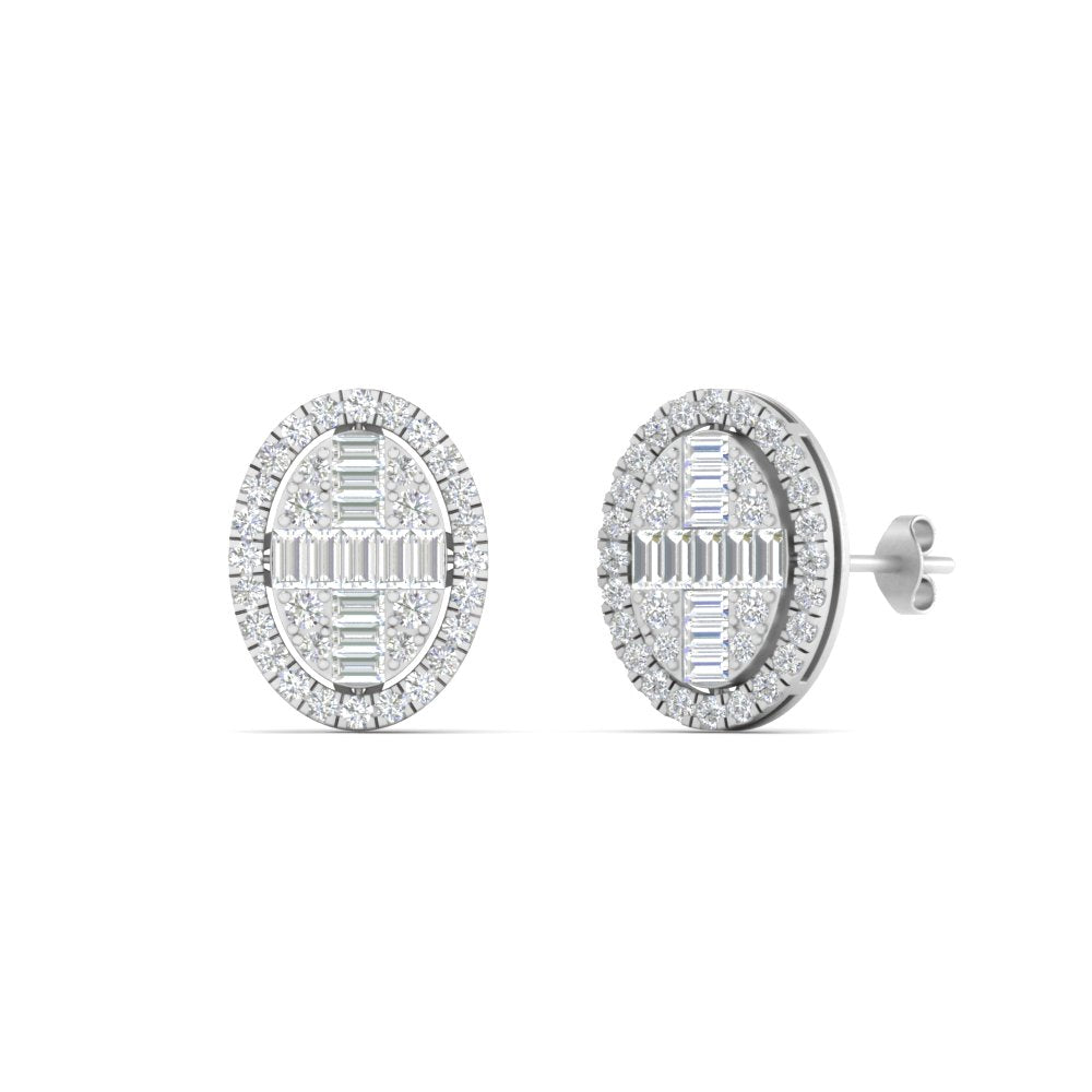 Oval Shaped Baguette And Round Lab Diamond Stud Earrings