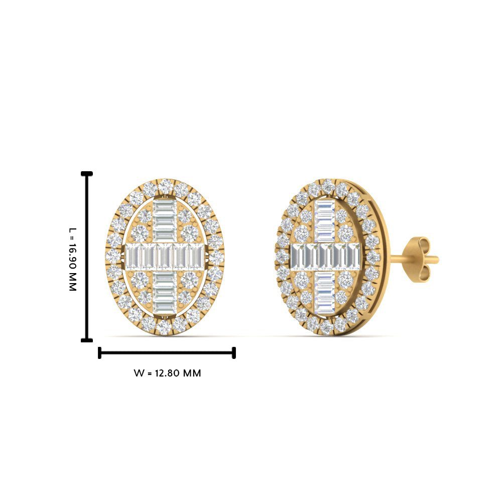 Oval Shaped Baguette Lab Diamond Stud Earrings For Women In 14K Yellow Gold | Cuts & Carat