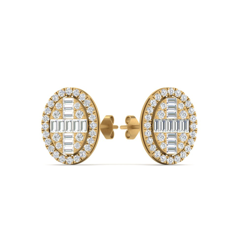 Oval Shaped Baguette Lab Diamond Stud Earrings For Women In 14K Yellow Gold | Cuts & Carat