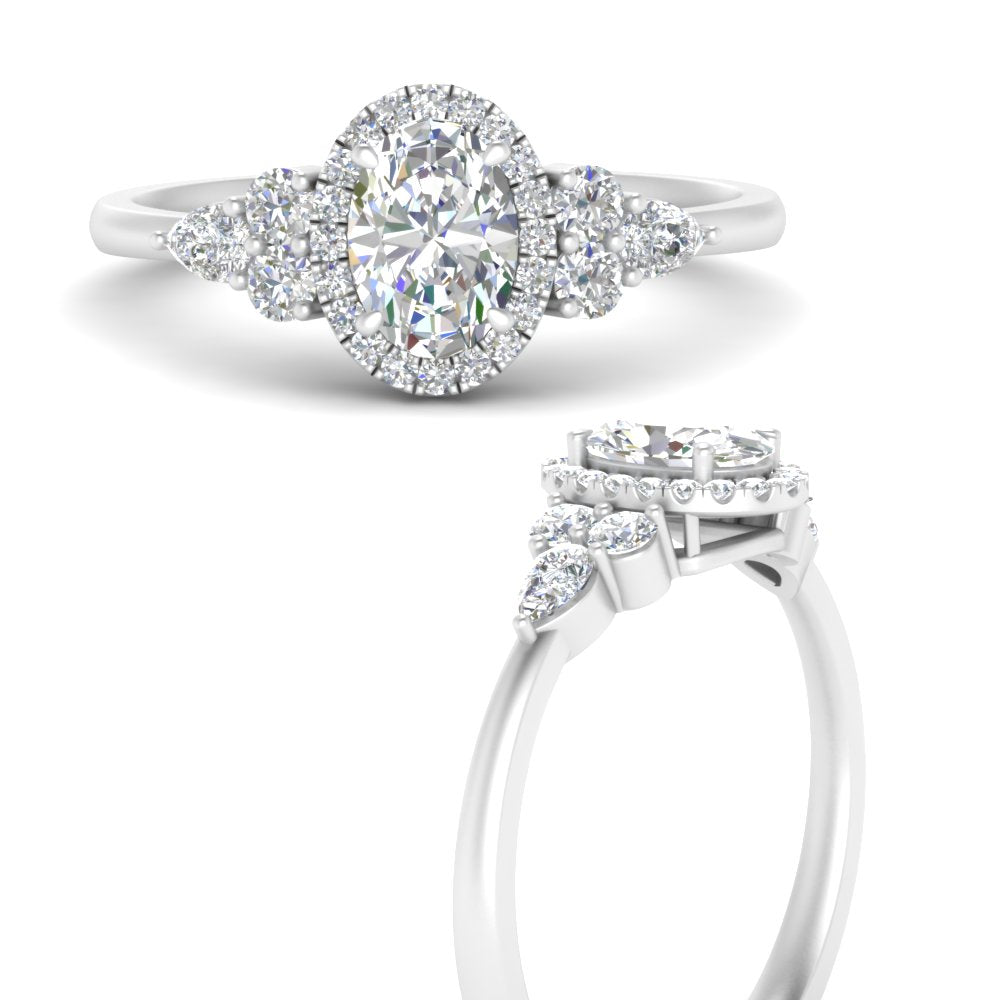 Lab Oval Cut diamond Halo Engagement Rings 14K White Gold