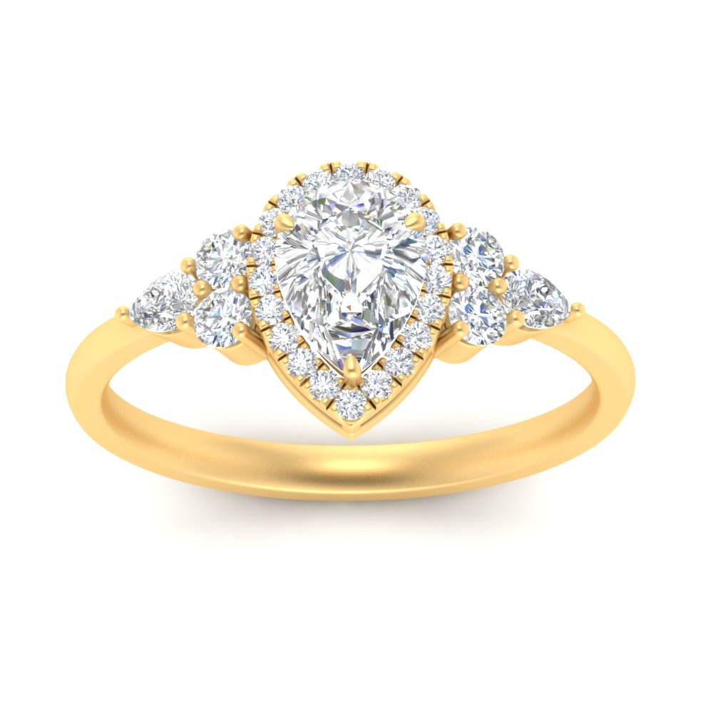 Lab Pear Shaped diamond Halo Engagement Rings 14K Yellow Gold
