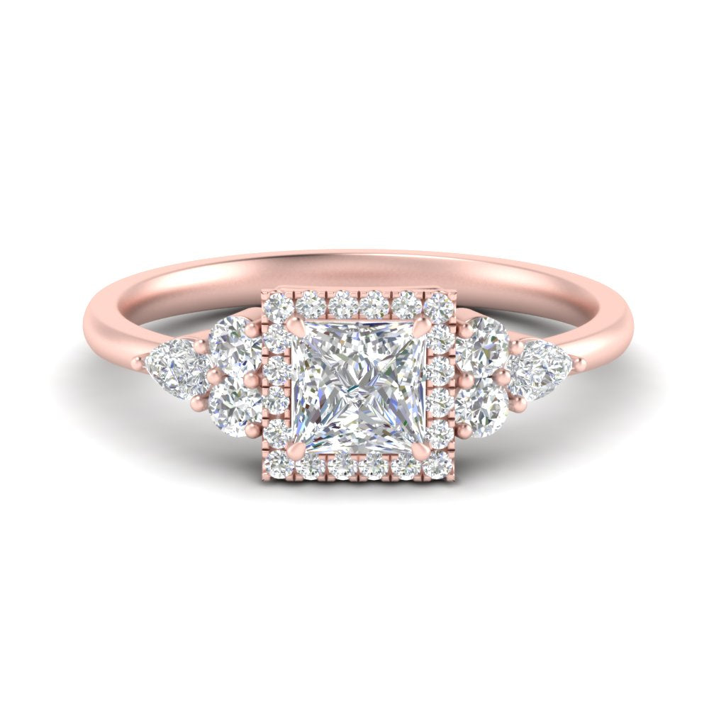 Lab Princess Cut diamond Halo Engagement Rings 14K Rose Gold