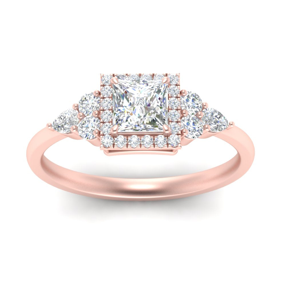 Lab Princess Cut diamond Halo Engagement Rings 14K Rose Gold