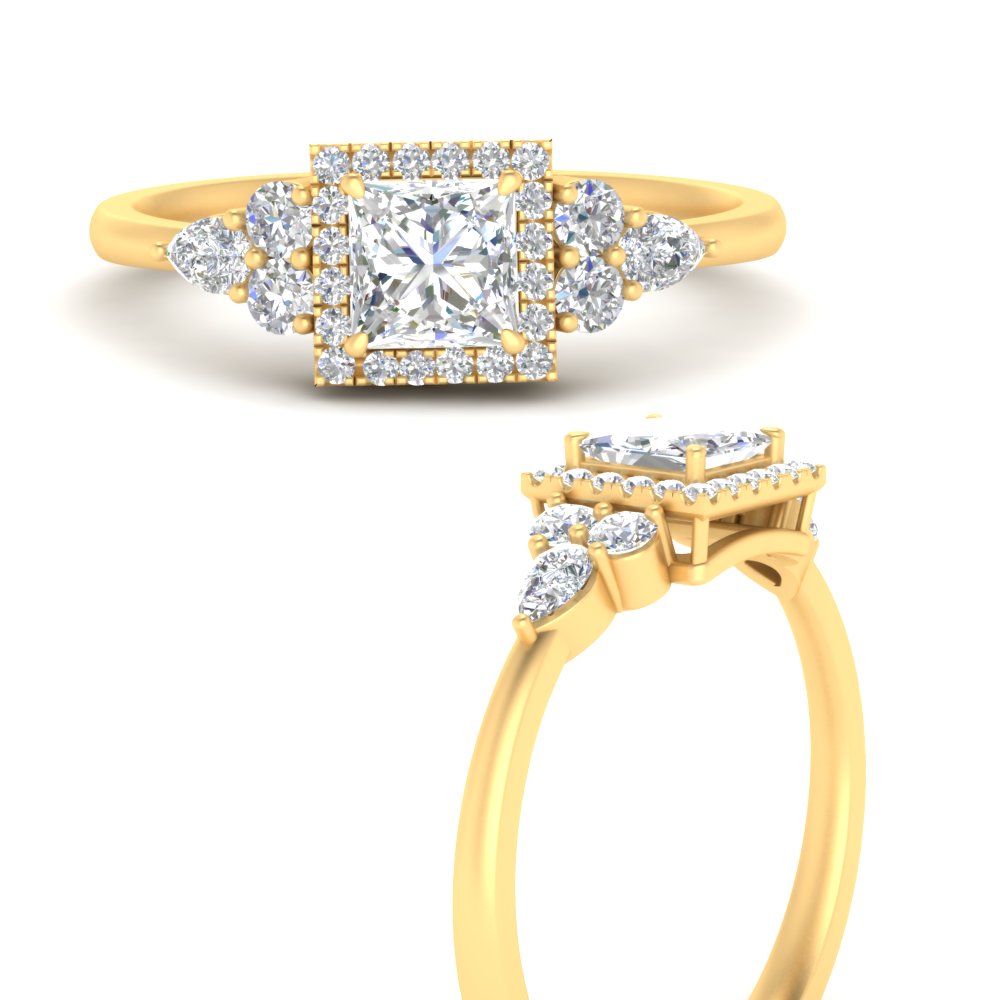 Lab Princess Cut diamond Halo Engagement Rings 14K Yellow Gold