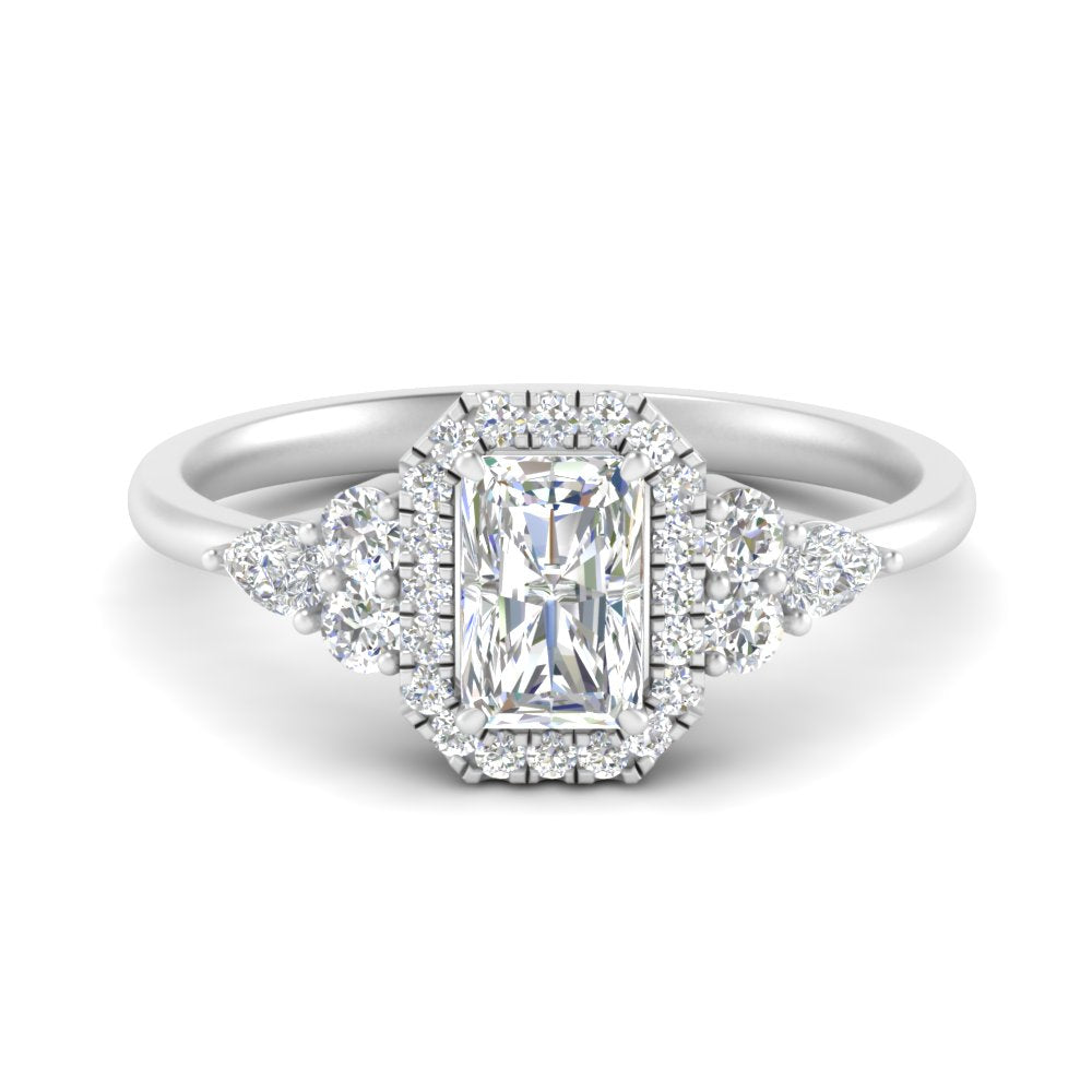 Lab Radiant Cut diamond Halo Engagement Rings 14K White Gold