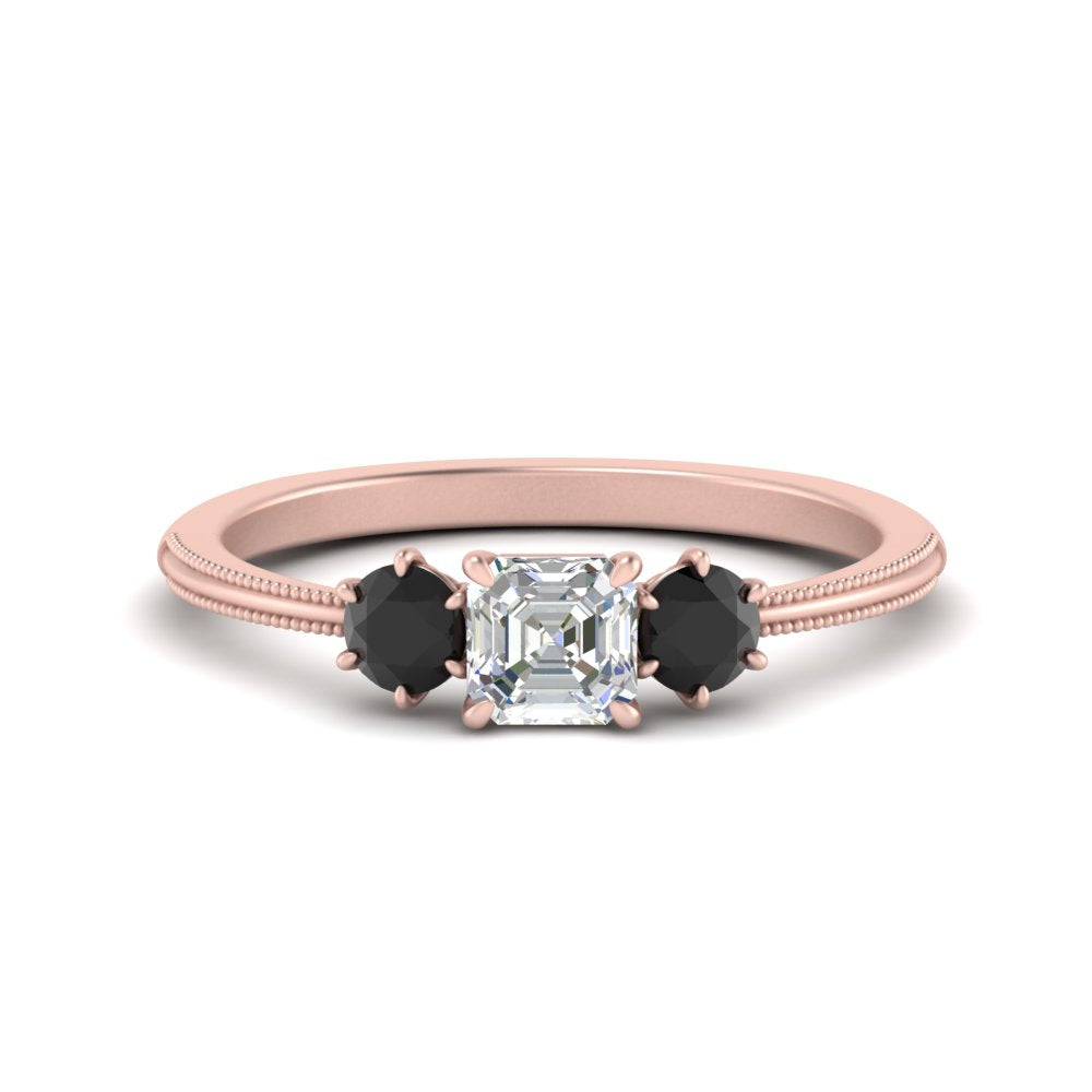 14K Gold Asscher & Round Cut Lab Diamond 3 Stone Engagement Ring