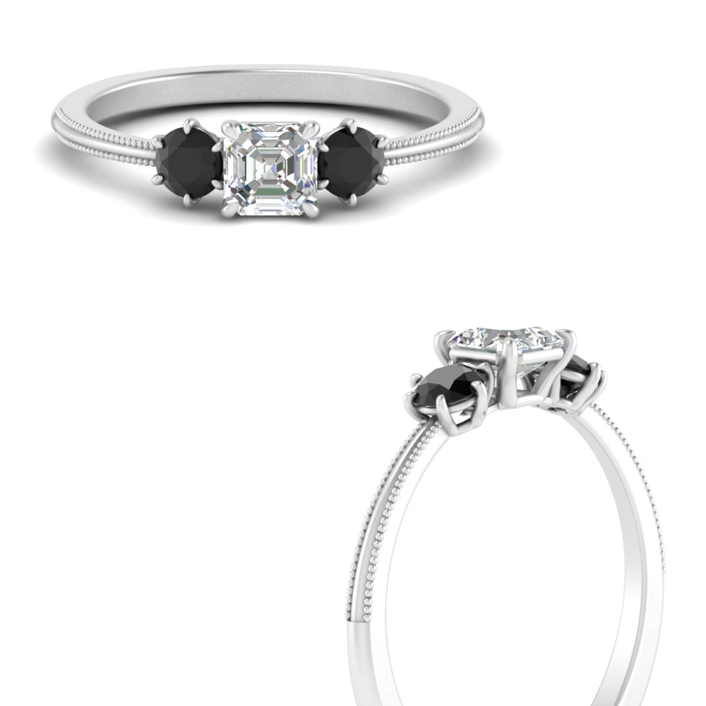 14K Gold Asscher & Round Cut Lab Diamond 3 Stone Engagement Ring