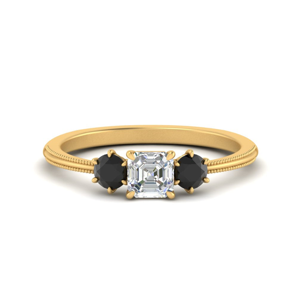 14K Gold Asscher & Round Cut Lab Diamond 3 Stone Engagement Ring