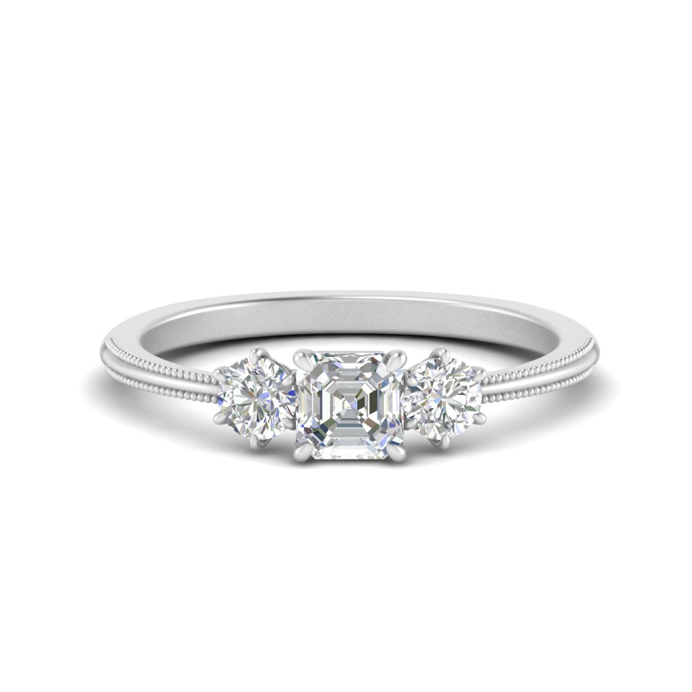 14K Gold Asscher & Round Cut Lab Diamond 3 Stone Engagement Ring
