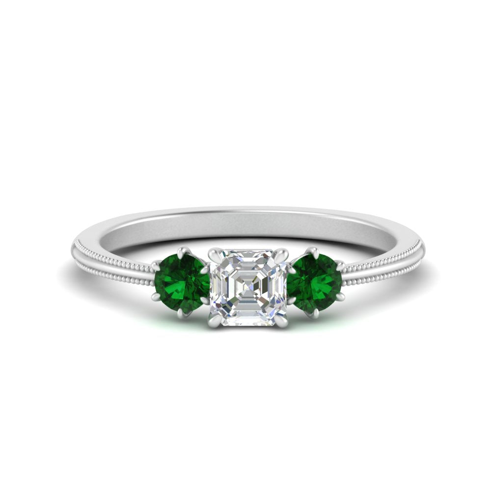 14K Gold Asscher & Round Cut Lab Diamond 3 Stone Engagement Ring