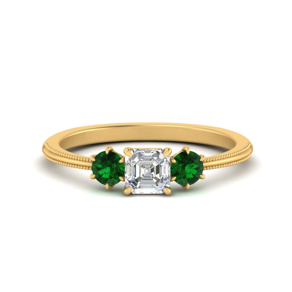 14K Gold Asscher & Round Cut Lab Diamond 3 Stone Engagement Ring