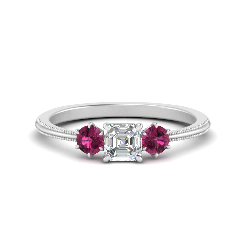 14K Gold Asscher & Round Cut Lab Diamond 3 Stone Engagement Ring
