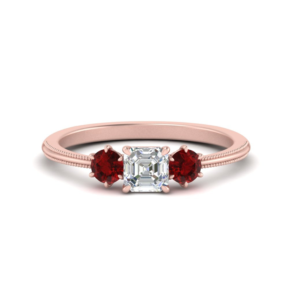 14K Gold Asscher & Round Cut Lab Diamond 3 Stone Engagement Ring