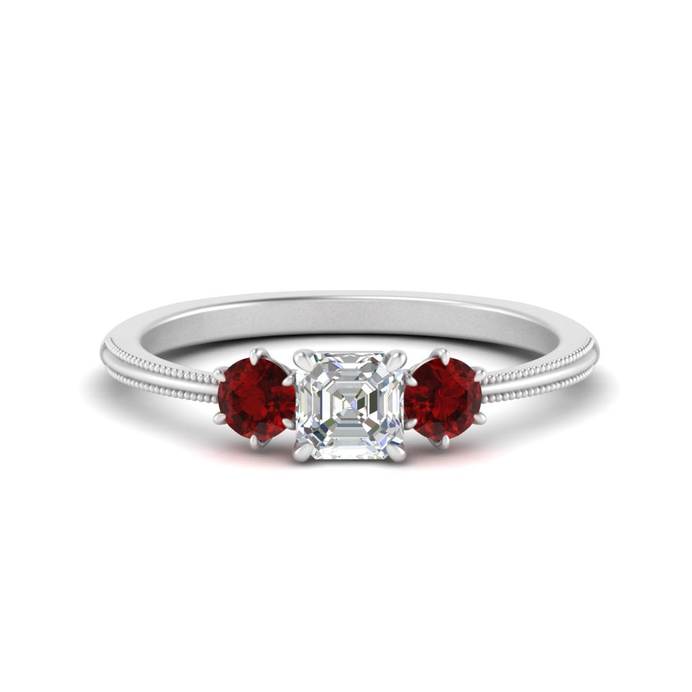 14K Gold Asscher & Round Cut Lab Diamond 3 Stone Engagement Ring