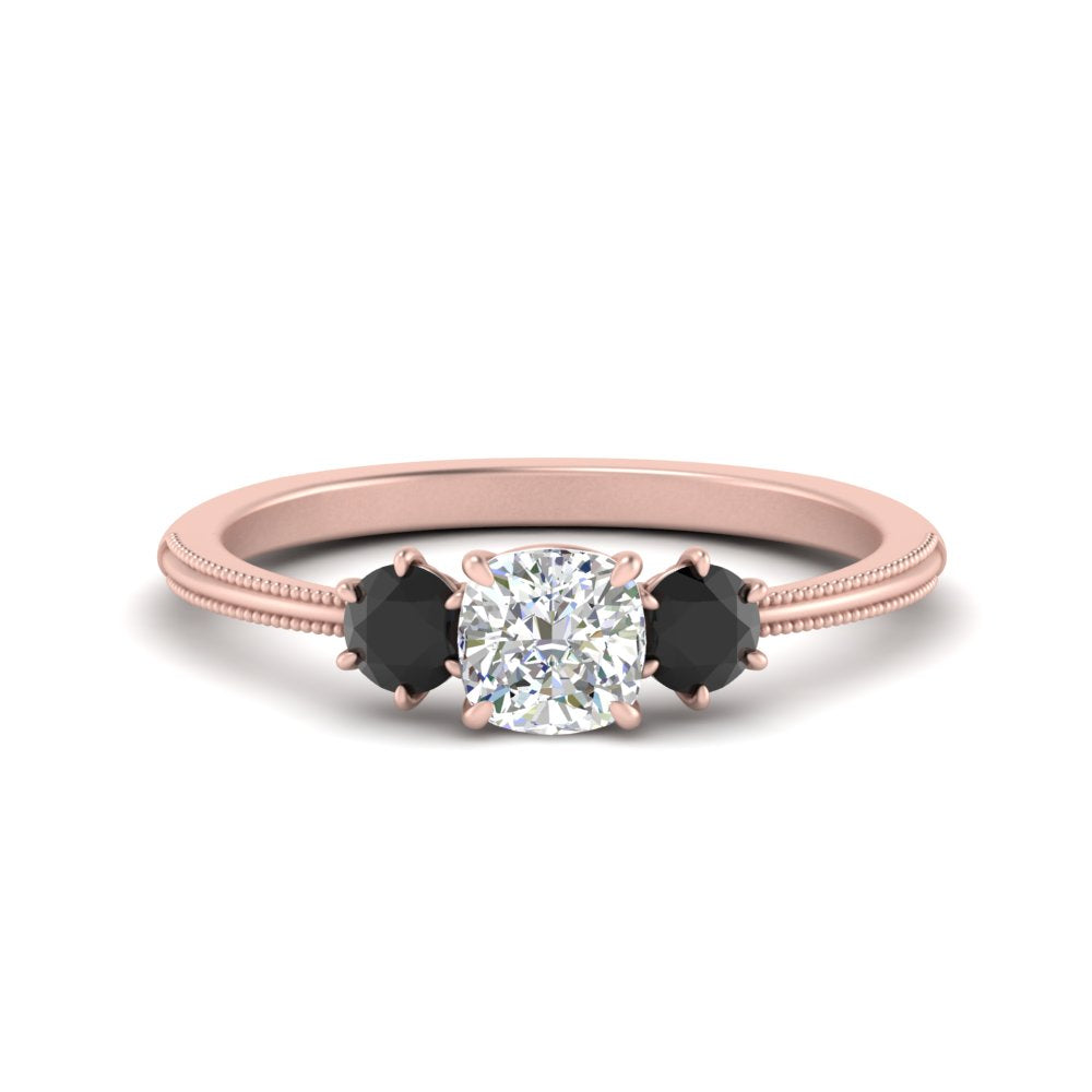 14K Gold Cushion & Round Cut Lab Diamond 3 Stone Engagement Ring