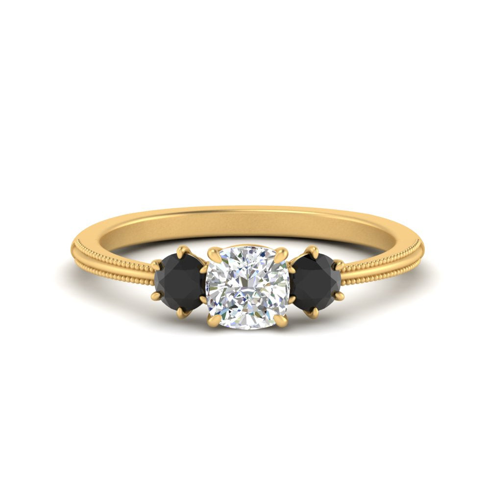 14K Gold Cushion & Round Cut Lab Diamond 3 Stone Engagement Ring