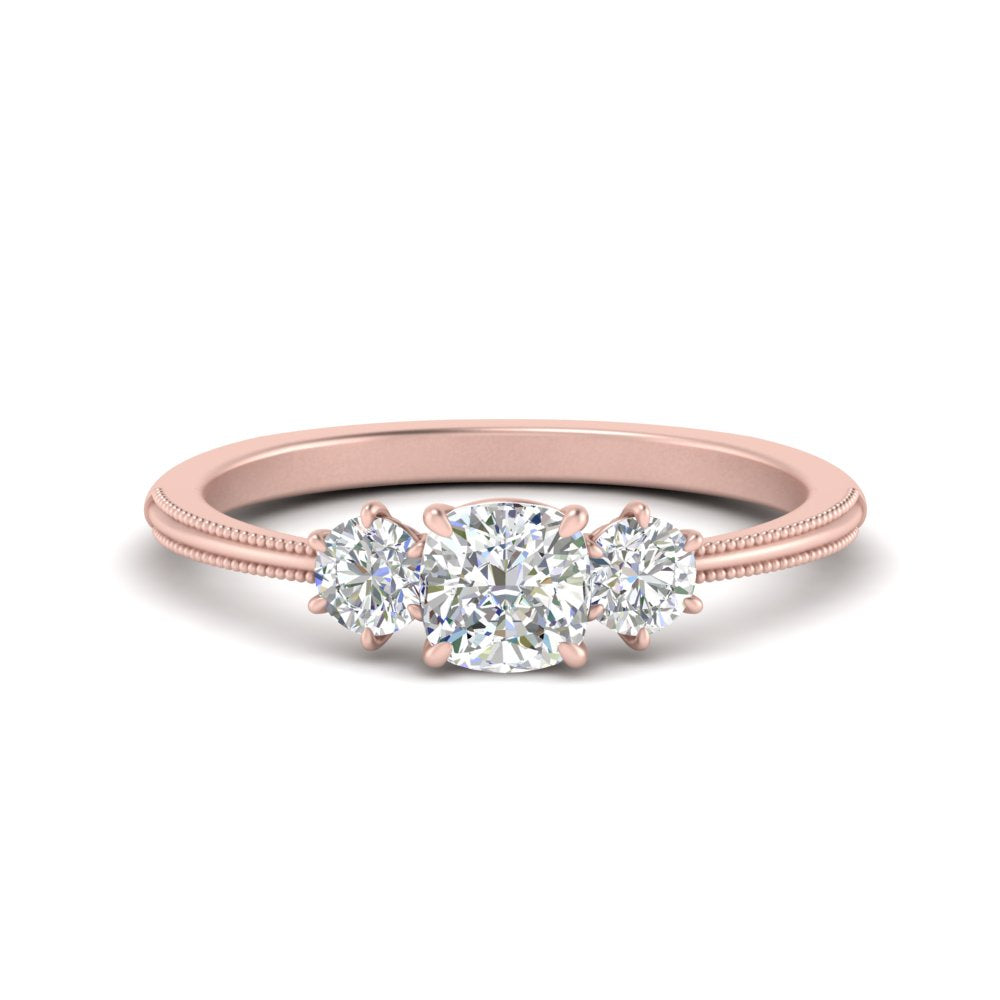 14K Gold Cushion & Round Cut Lab Diamond 3 Stone Engagement Ring