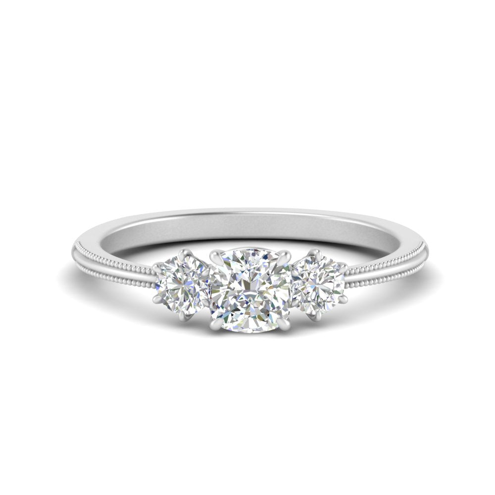 14K Gold Cushion & Round Cut Lab Diamond 3 Stone Engagement Ring