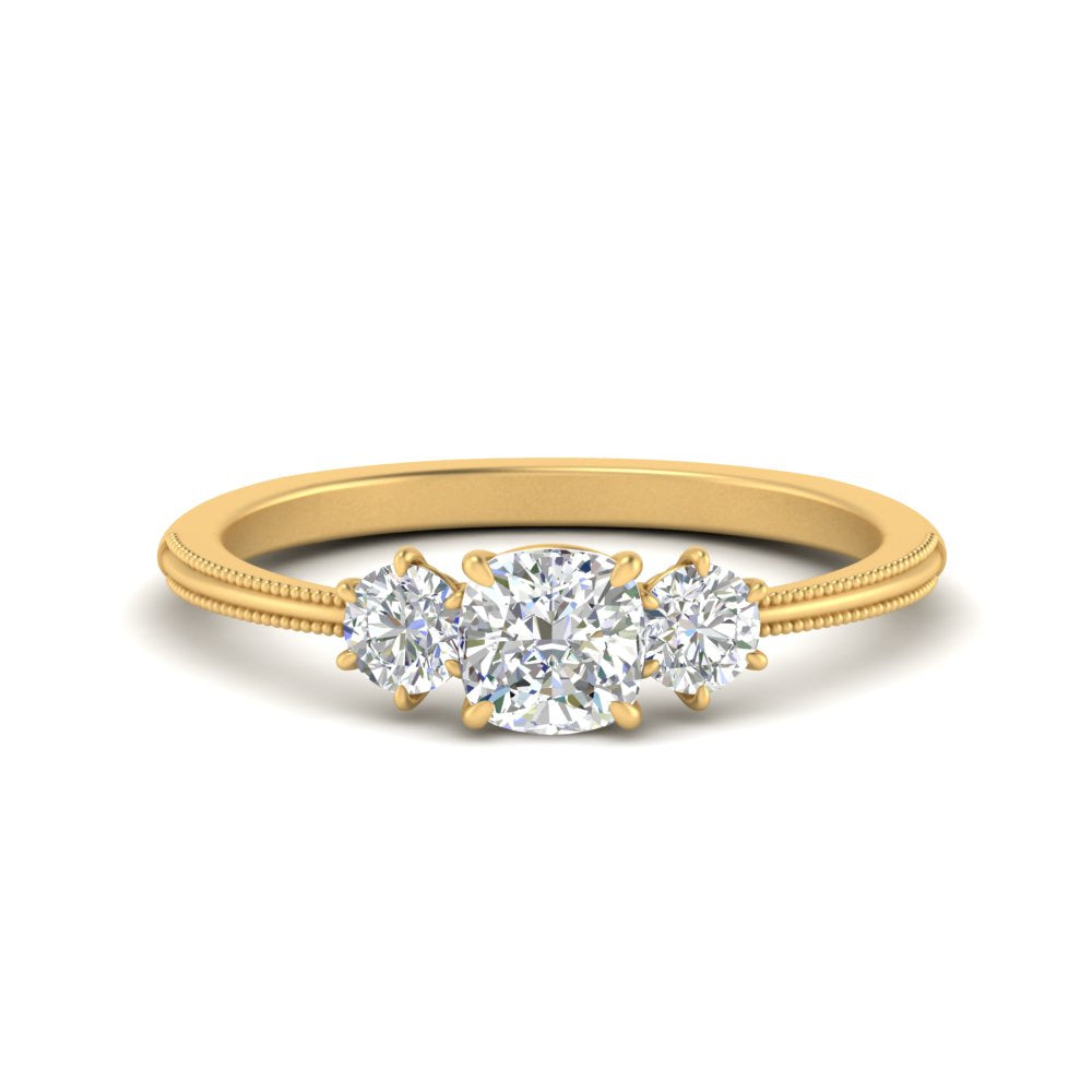 14K Gold Cushion & Round Cut Lab Diamond 3 Stone Engagement Ring