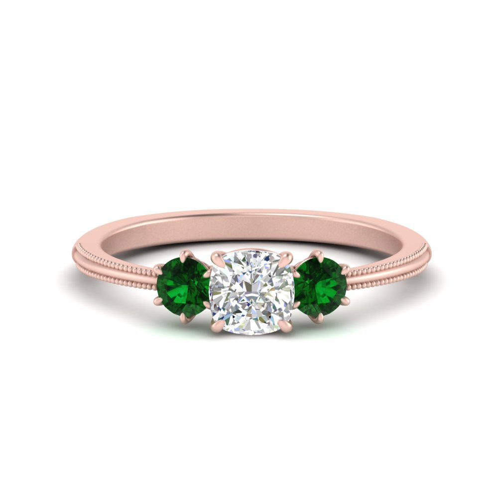 14K Gold Cushion & Round Cut Lab Diamond 3 Stone Engagement Ring